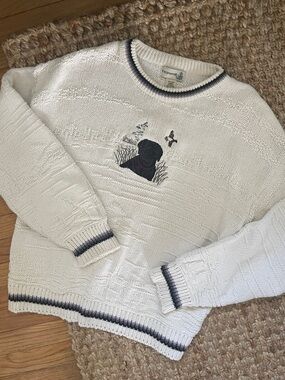 90s Vintage Field & Stream Cream Knit Crewneck Sweater with Dog Embroidery